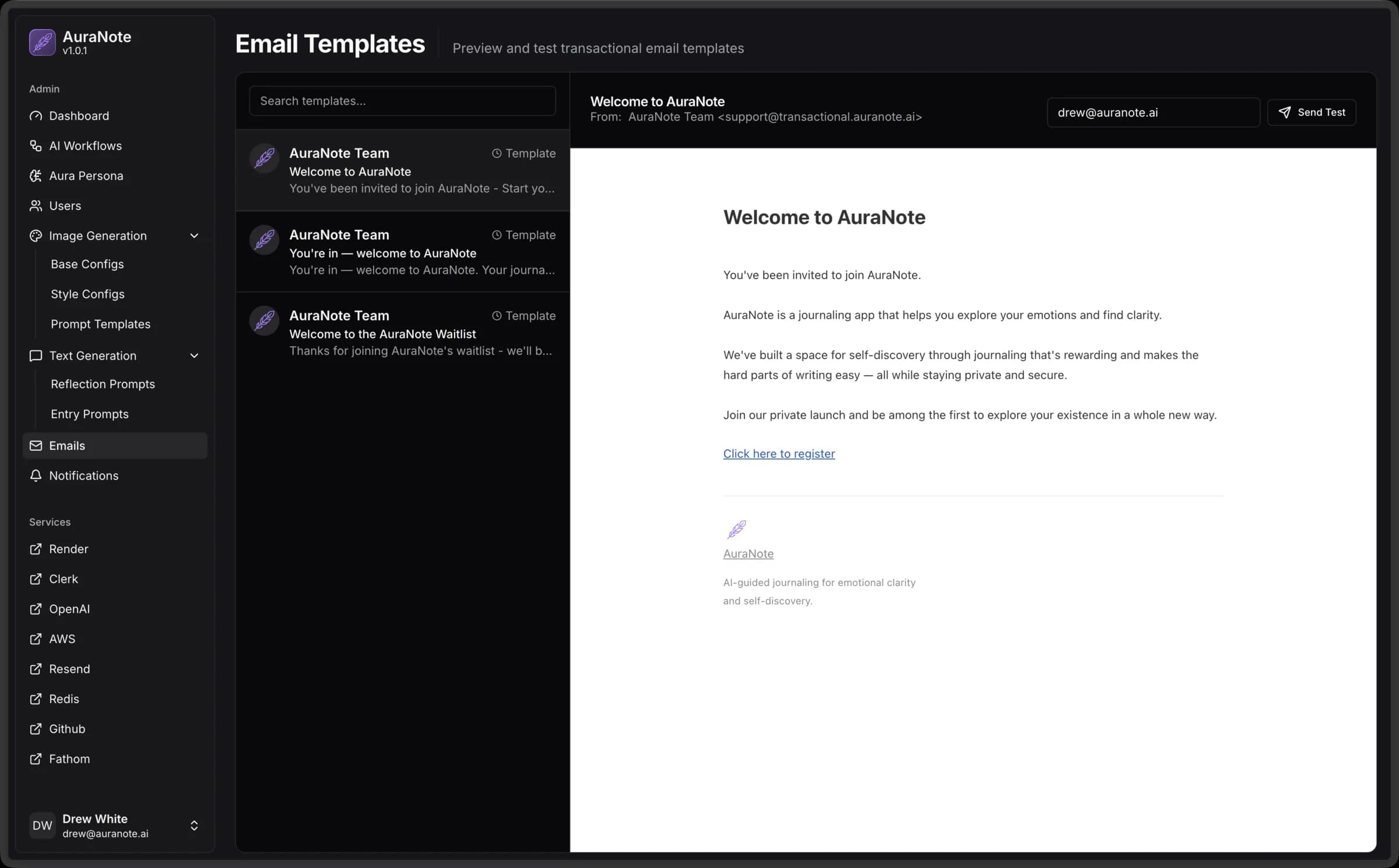 AuraNote email templates with live preview