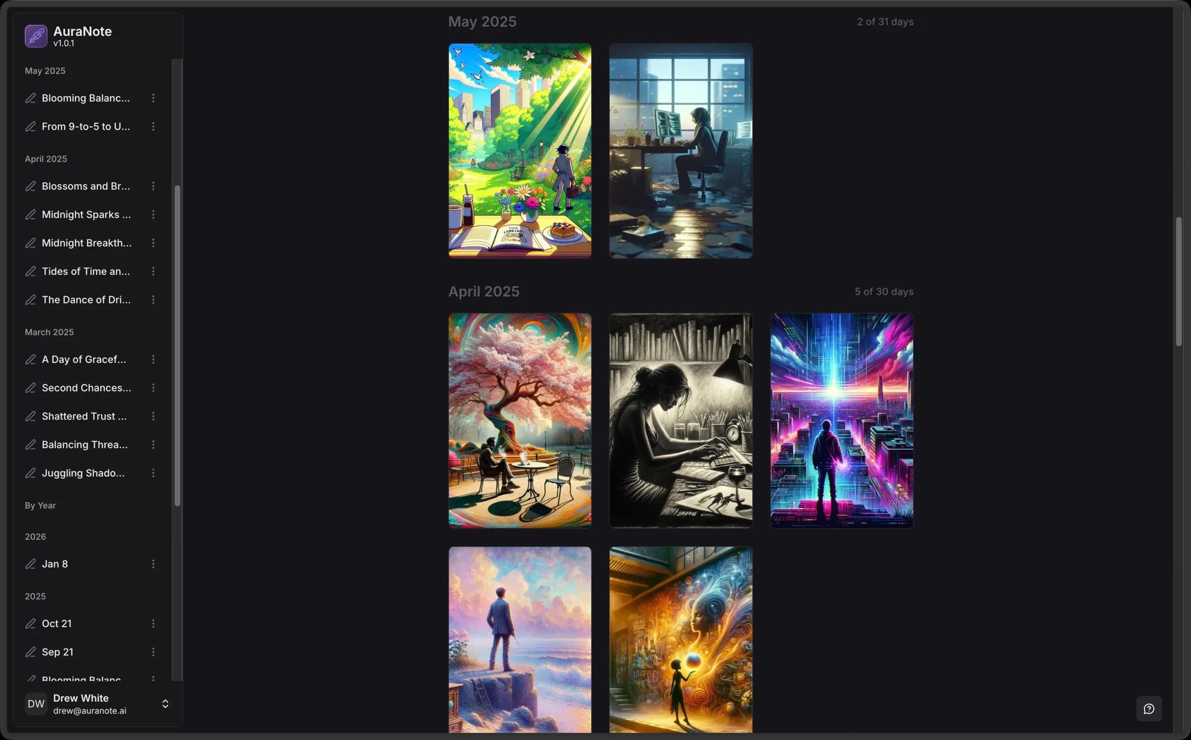 AuraNote V1 entry feed with mood-image headers