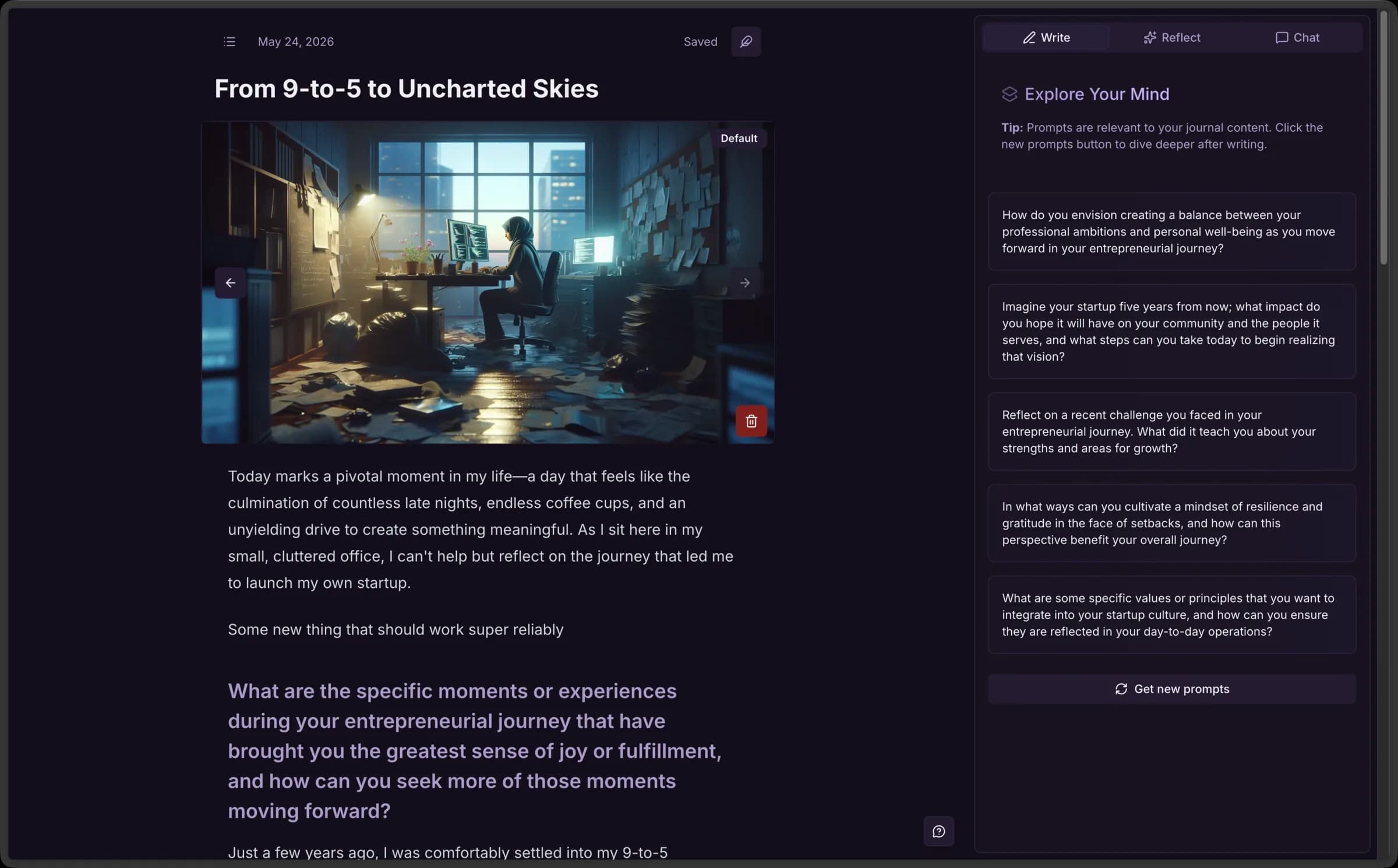 AuraNote V1 writing editor with reflection prompts and chat rail