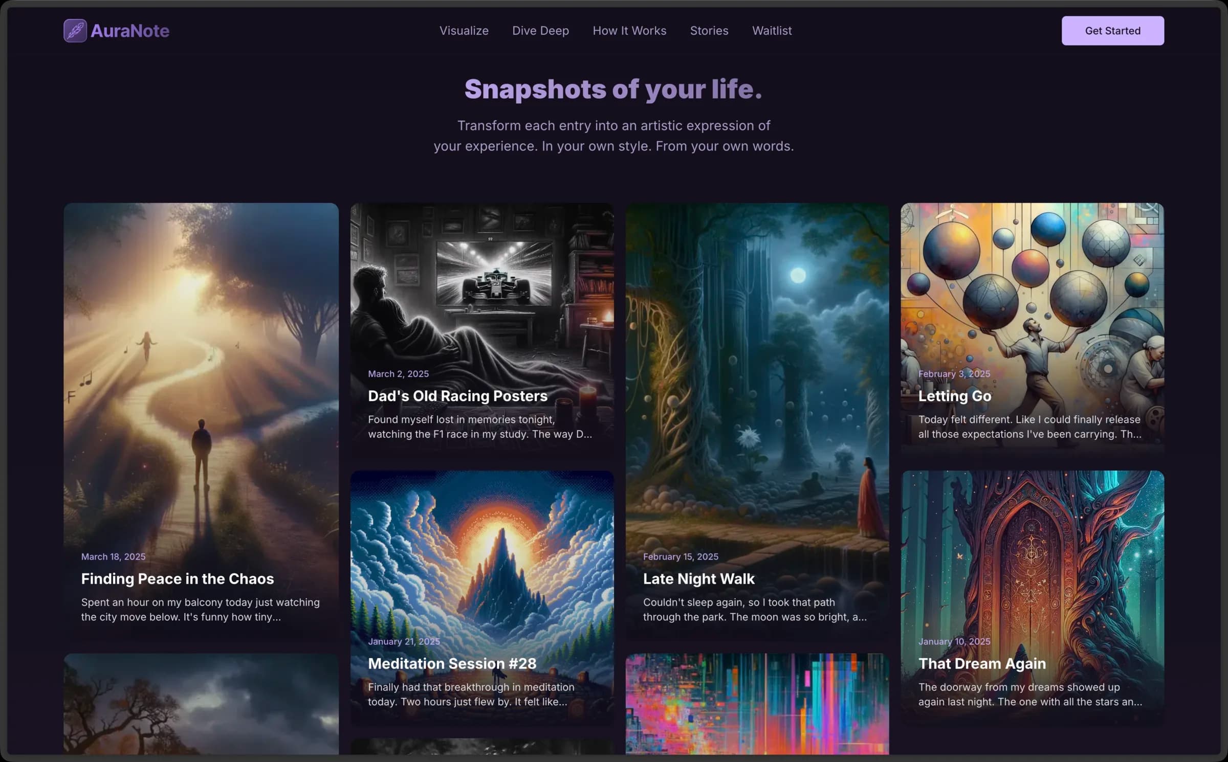 AuraNote V1 marketing site 'Snapshots of your life' section