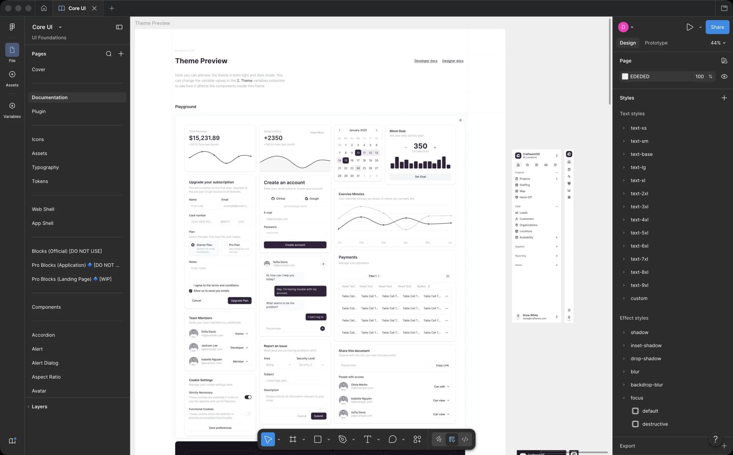 Figma Core UI file with tokens, typography, effect styles, and theme preview