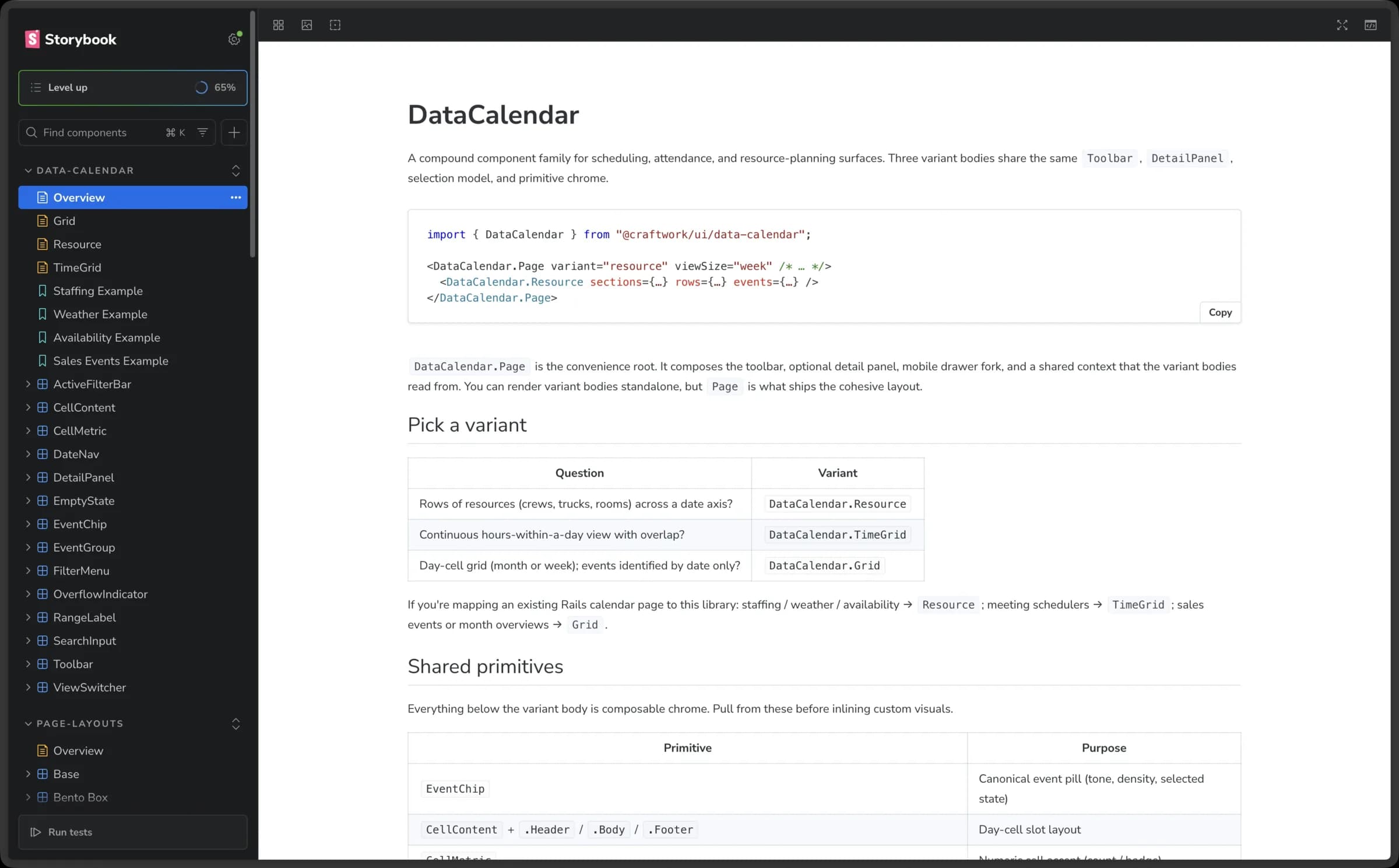 DataCalendar compound component family in Storybook