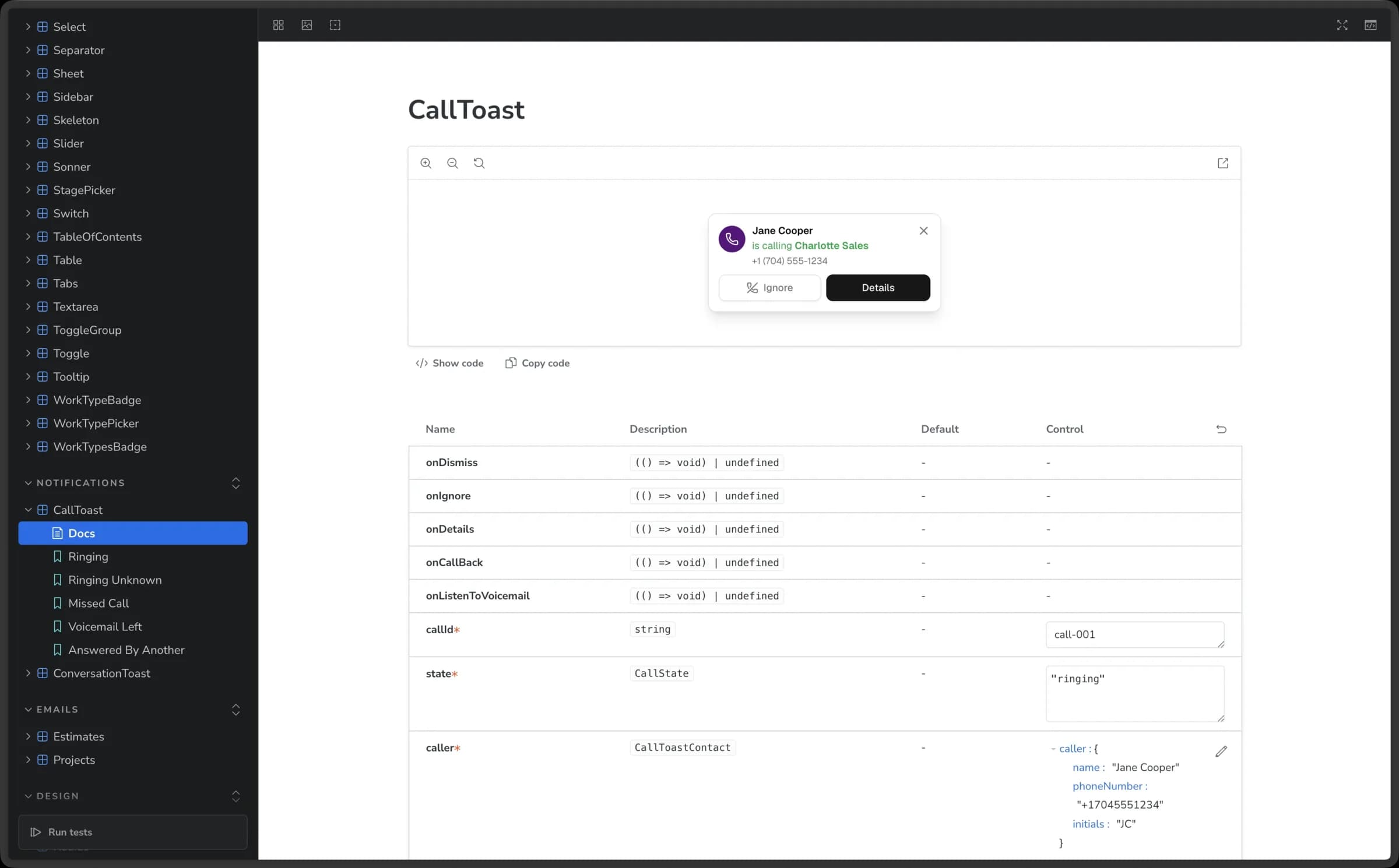 CallToast component with typed props and six call states in Storybook