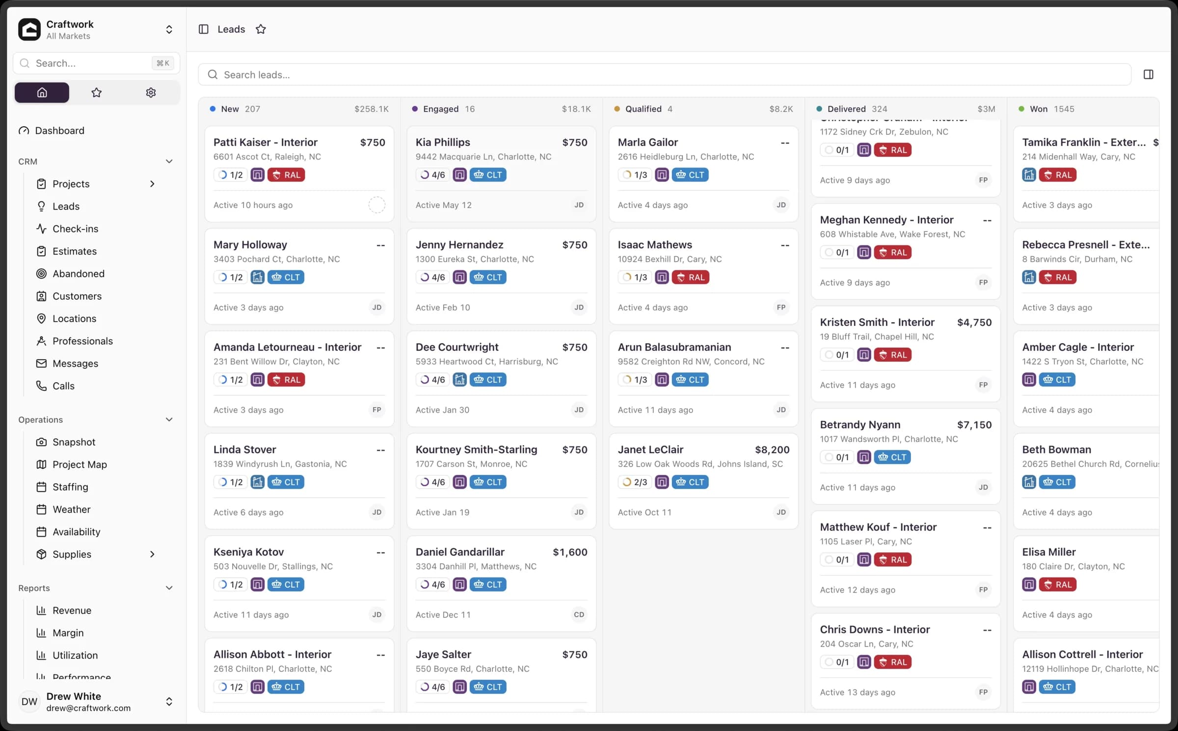 Craftwork OS lead pipeline kanban board across five stages