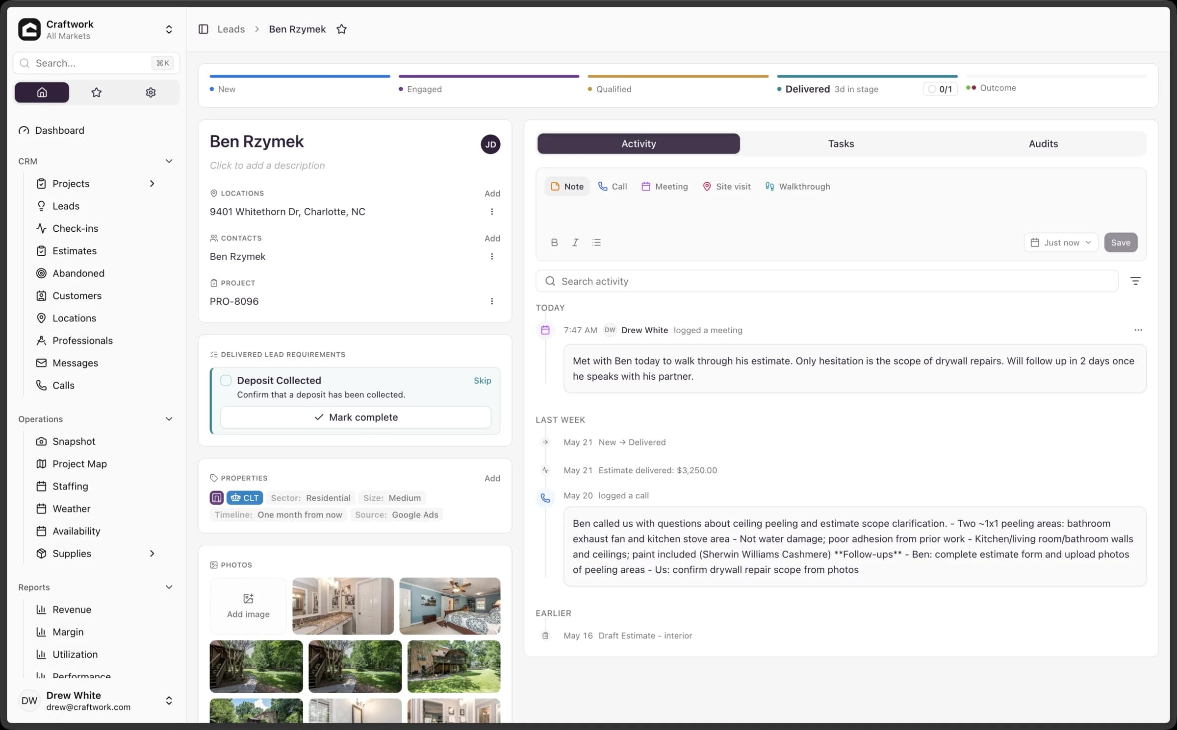 Craftwork OS lead detail surface with Activity, Tasks, and Audits