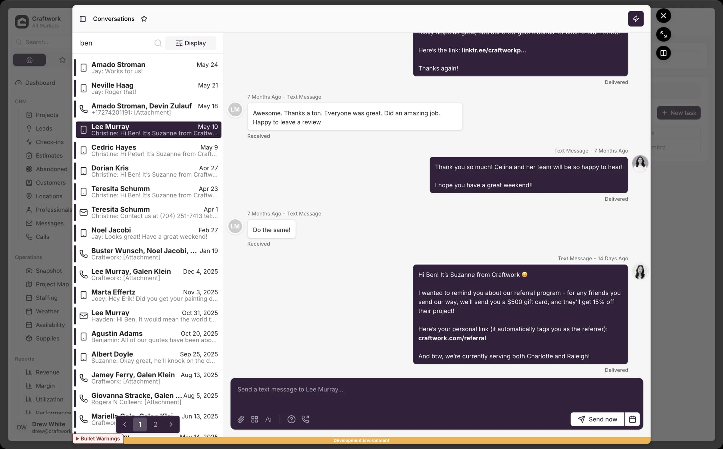 Craftwork OS two-way conversation hub inside the CRM