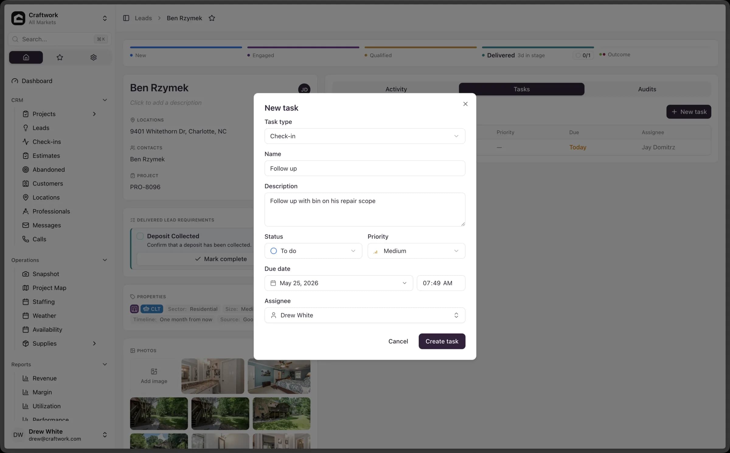 Craftwork OS first-class typed task attached to a lead