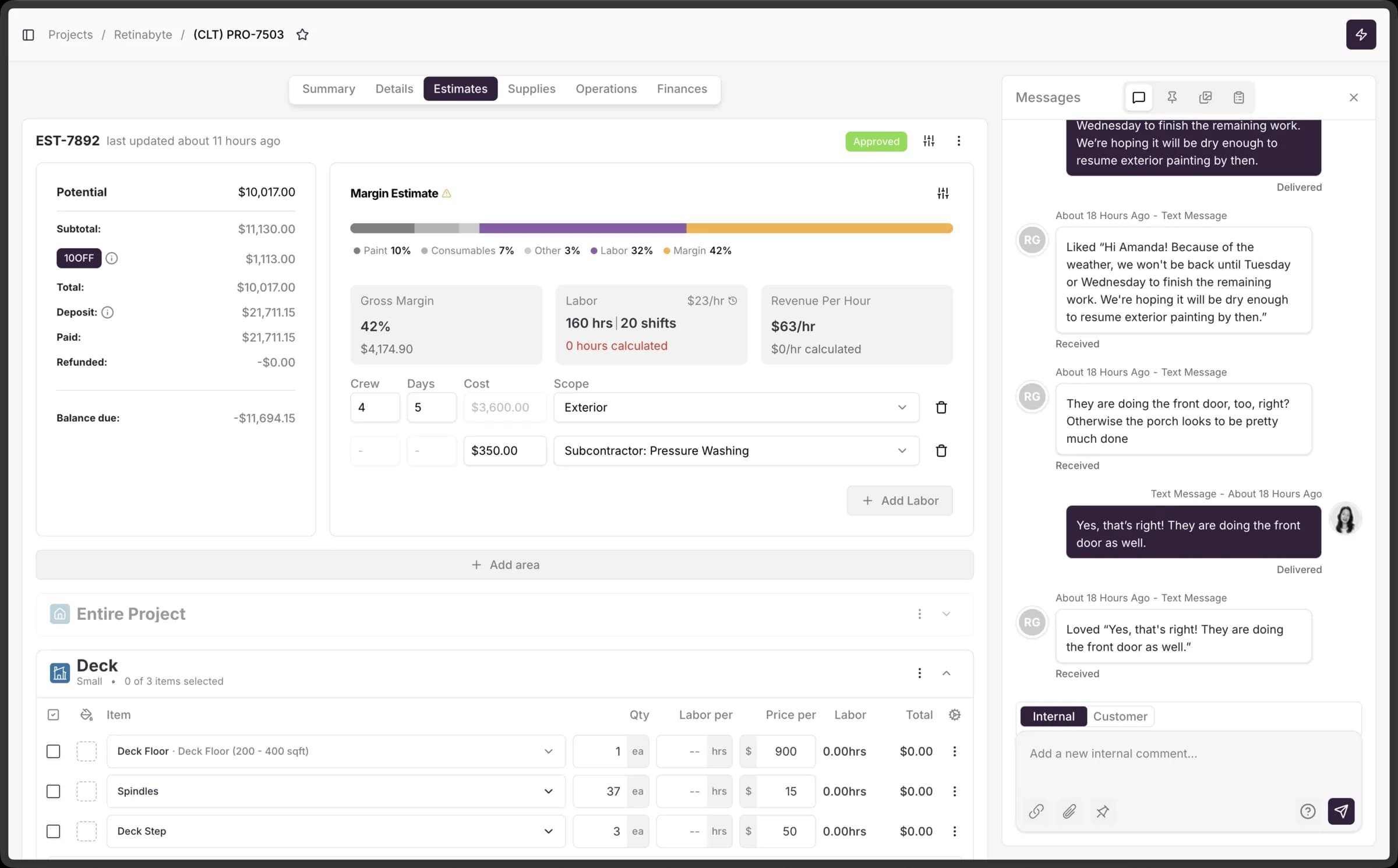 Craftwork OS project estimate with live margin breakdown