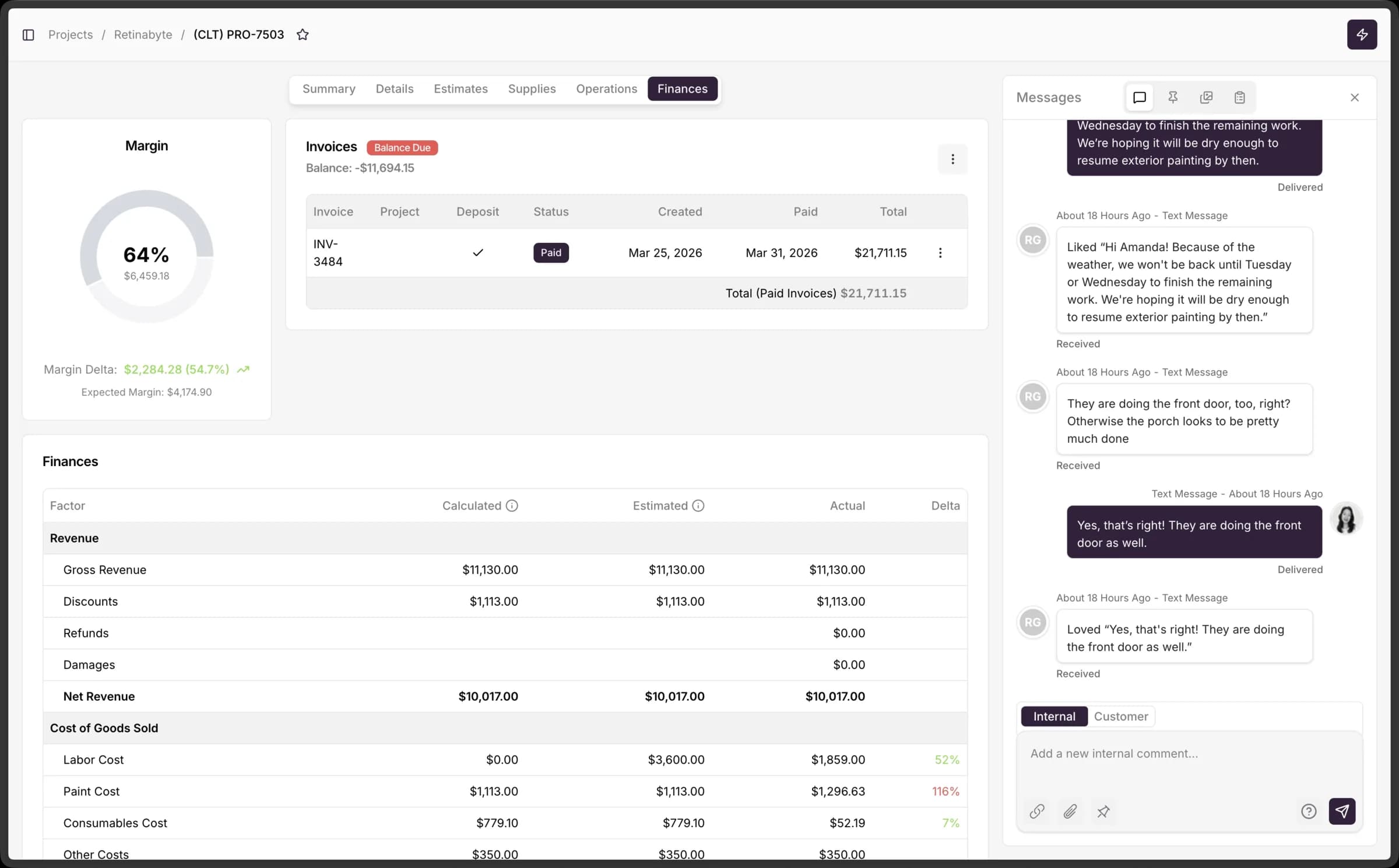 Craftwork OS per-project P&L with Calculated, Estimated, Actual, and Delta columns