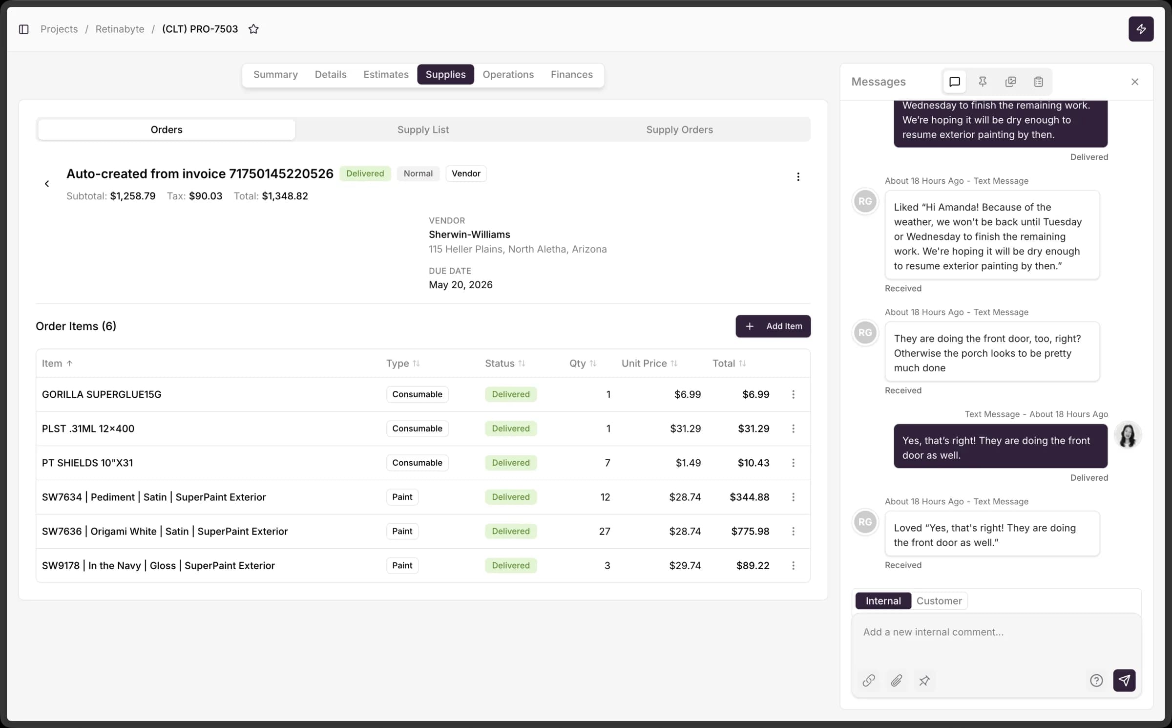 Craftwork OS project supplies tab with auto-created orders