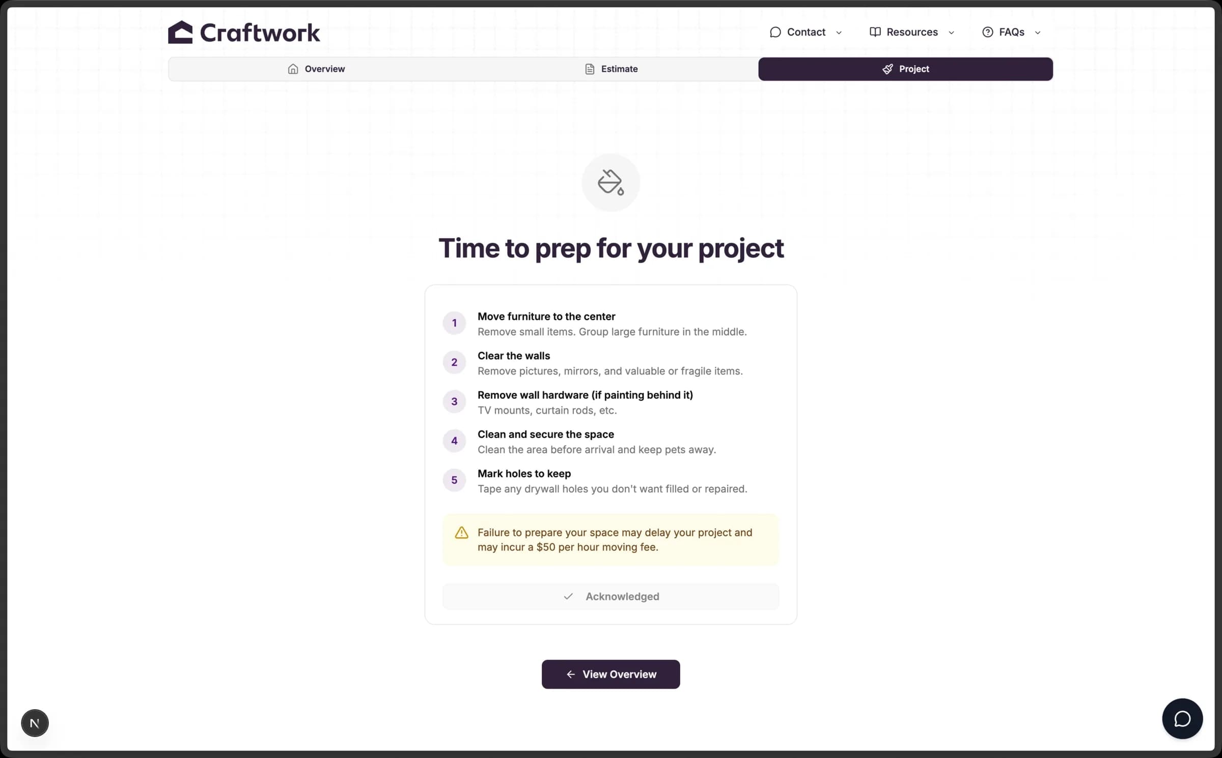 Craftwork customer portal project preparation acknowledgement gate