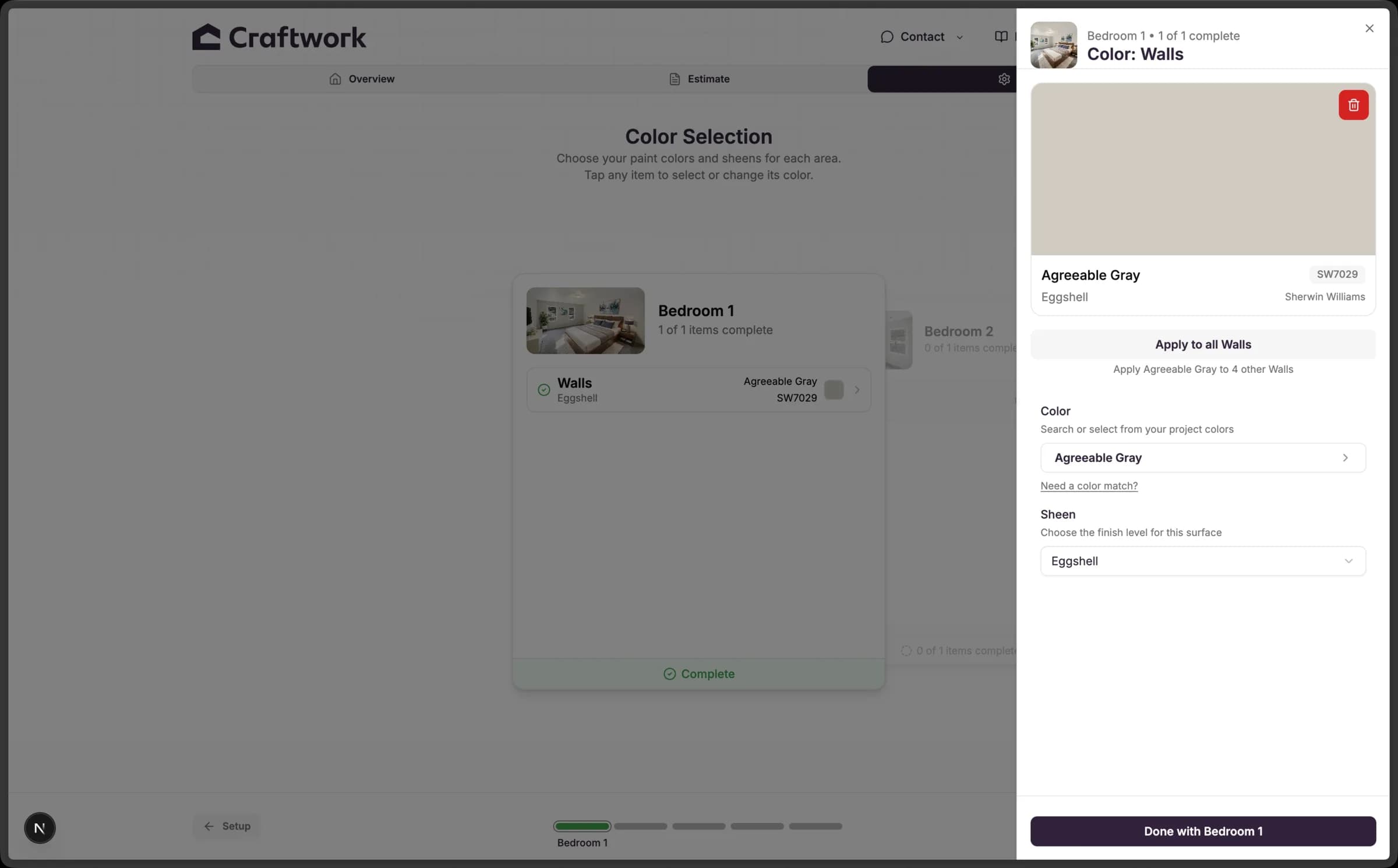 Craftwork customer portal color picker for a specific surface with Sherwin Williams swatch and sheen