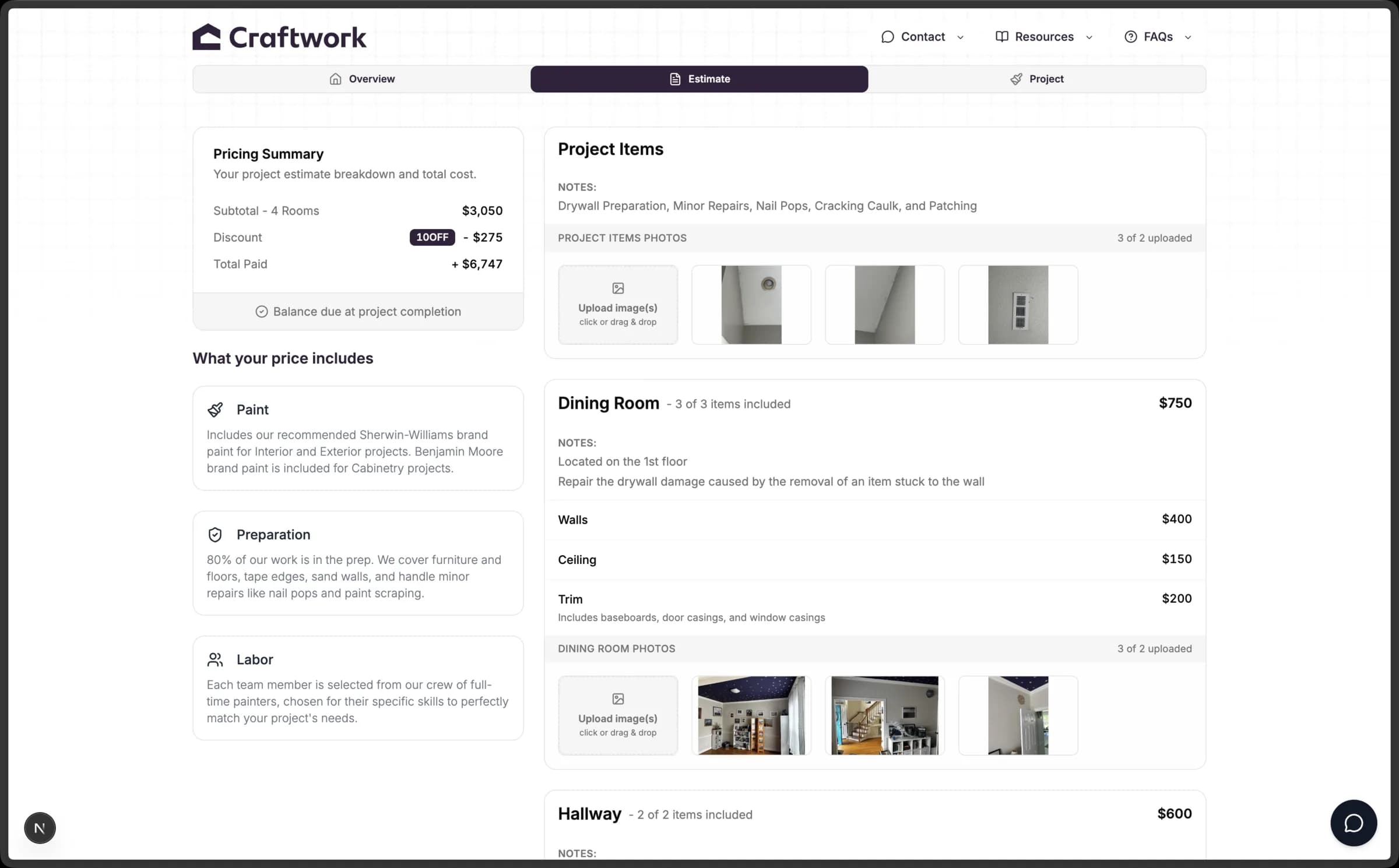Craftwork customer portal estimate detail with pricing summary and per-room line items