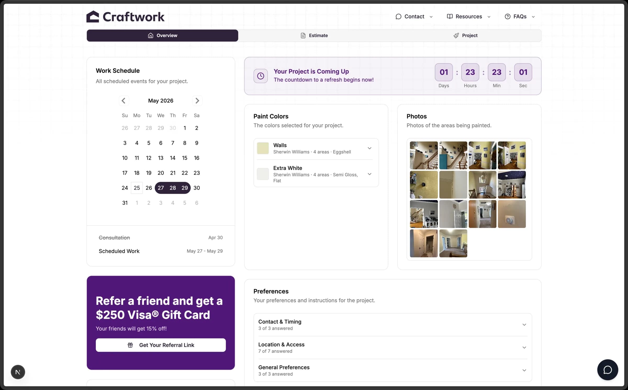 Craftwork customer portal home dashboard with countdown, schedule, colors, photos, referral, and preferences