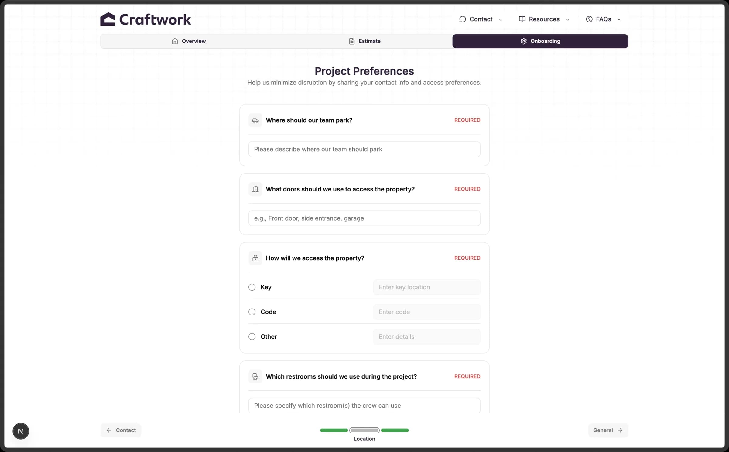 Craftwork customer portal preferences form for site access details