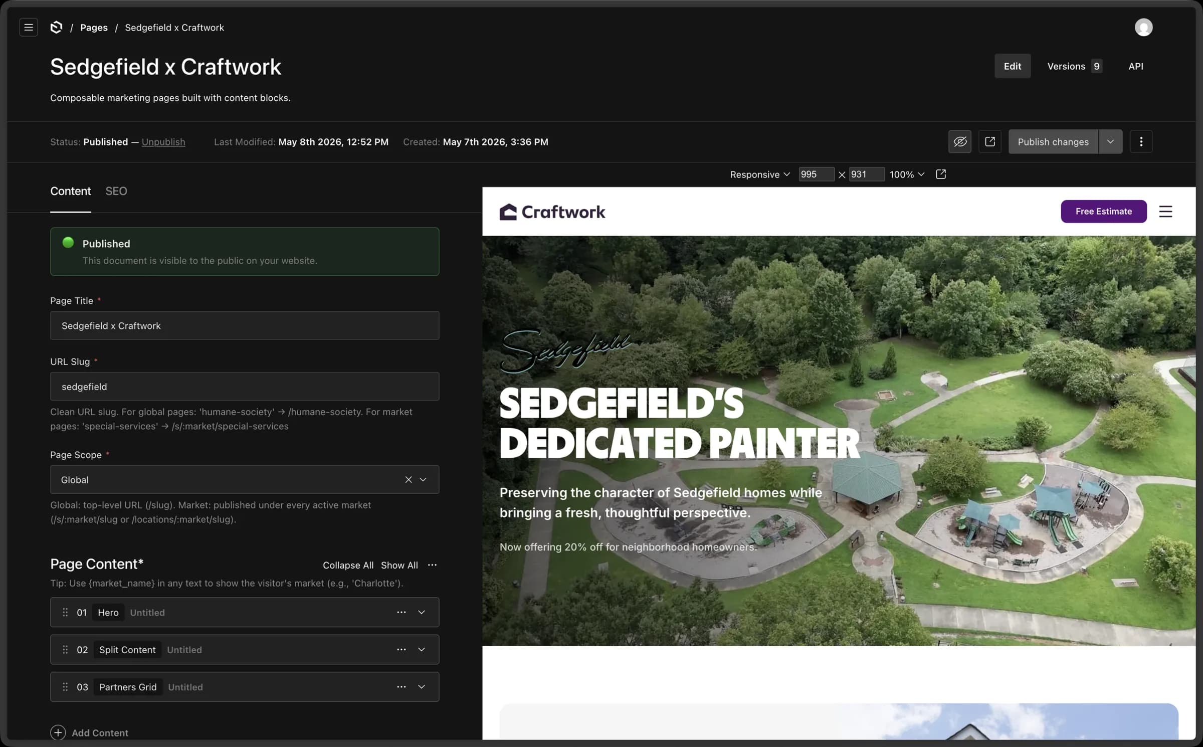 Payload CMS composing a hyperlocal Sedgefield page with PostHog A/B controls