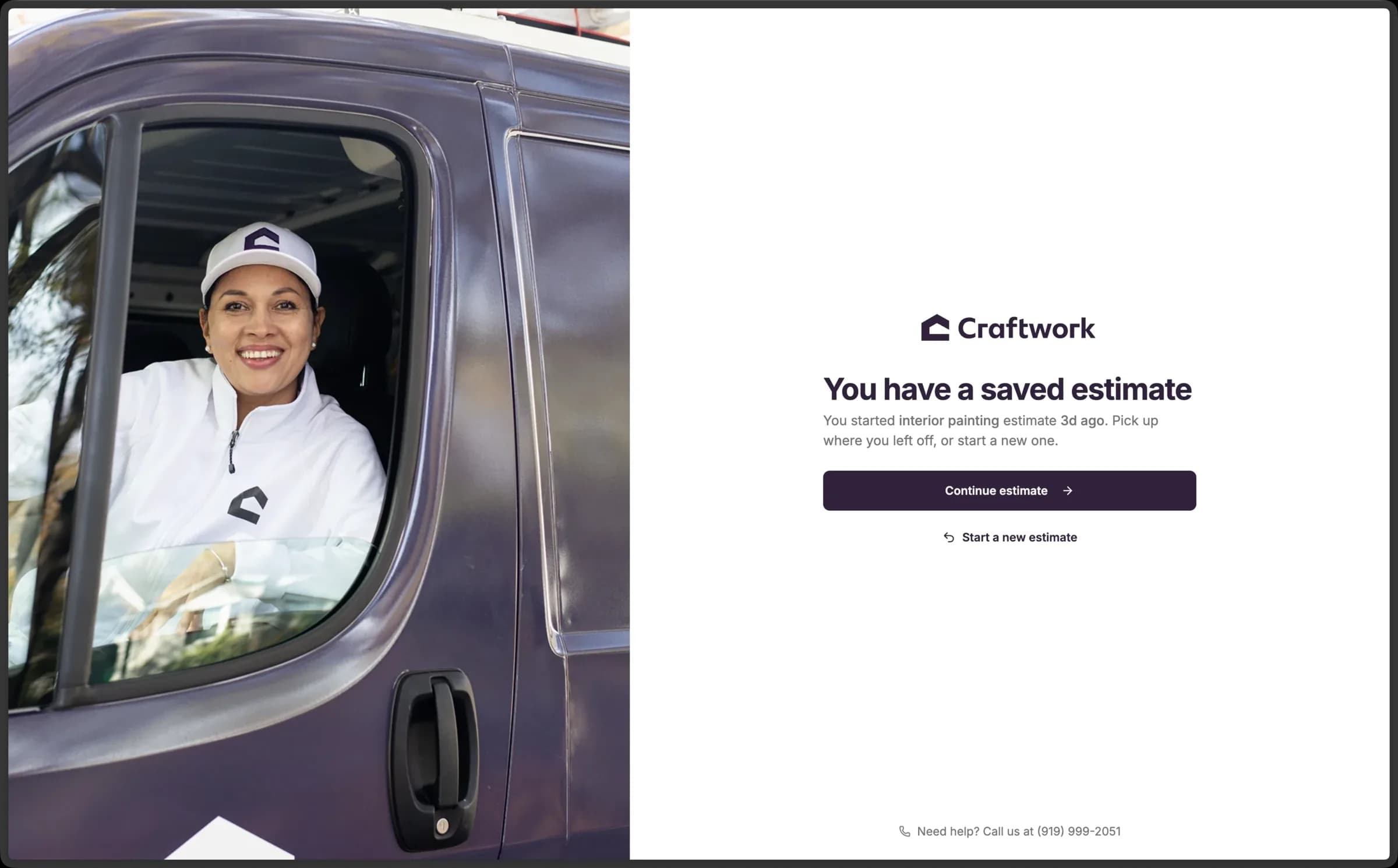 Saved-estimate recovery page with Continue or Start New choice