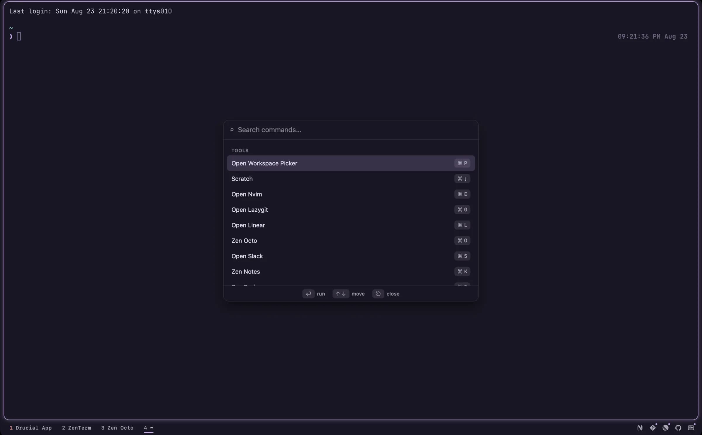 ZenTerm command palette listing the configured tool floats