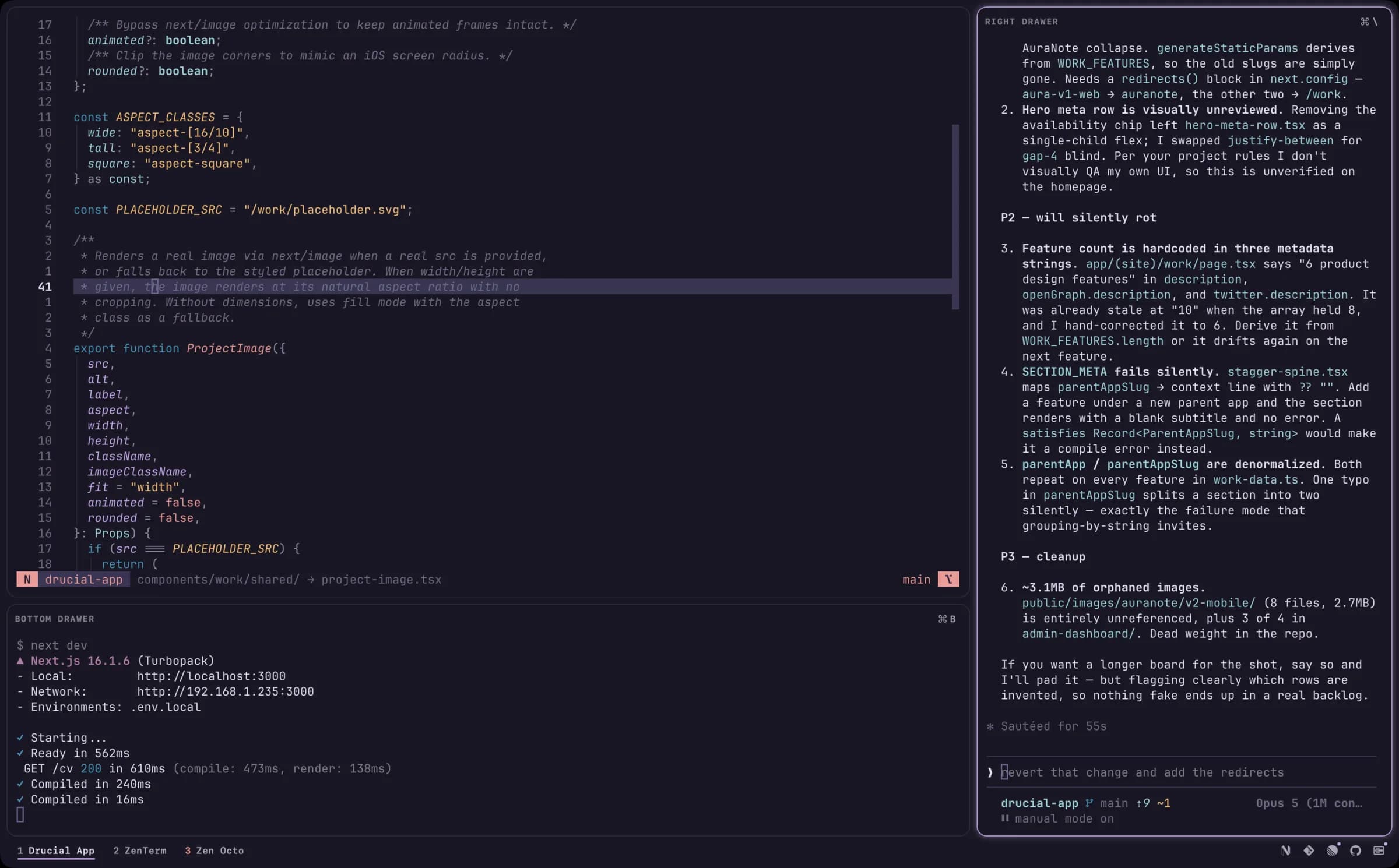ZenTerm with tiled panes and both drawers open on this site's codebase