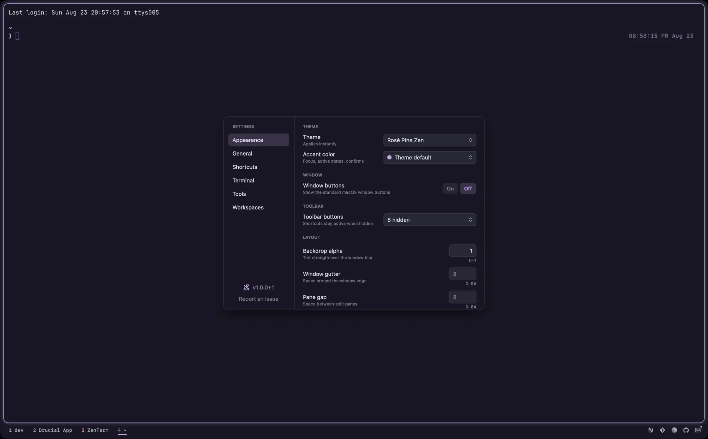 ZenTerm settings window showing theme, accent, and layout controls