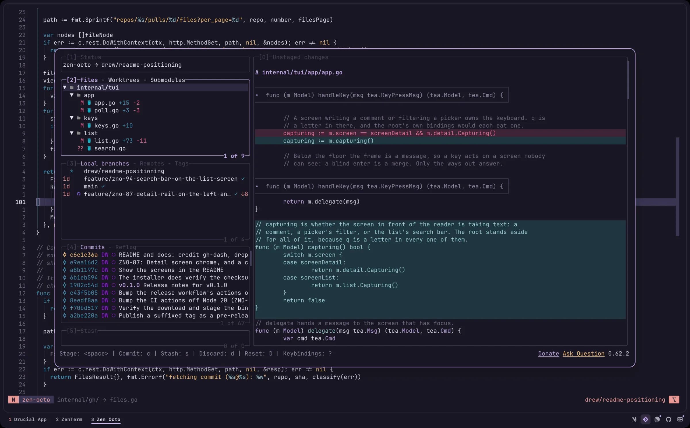 lazygit open as a tool float over a Go source pane in ZenTerm