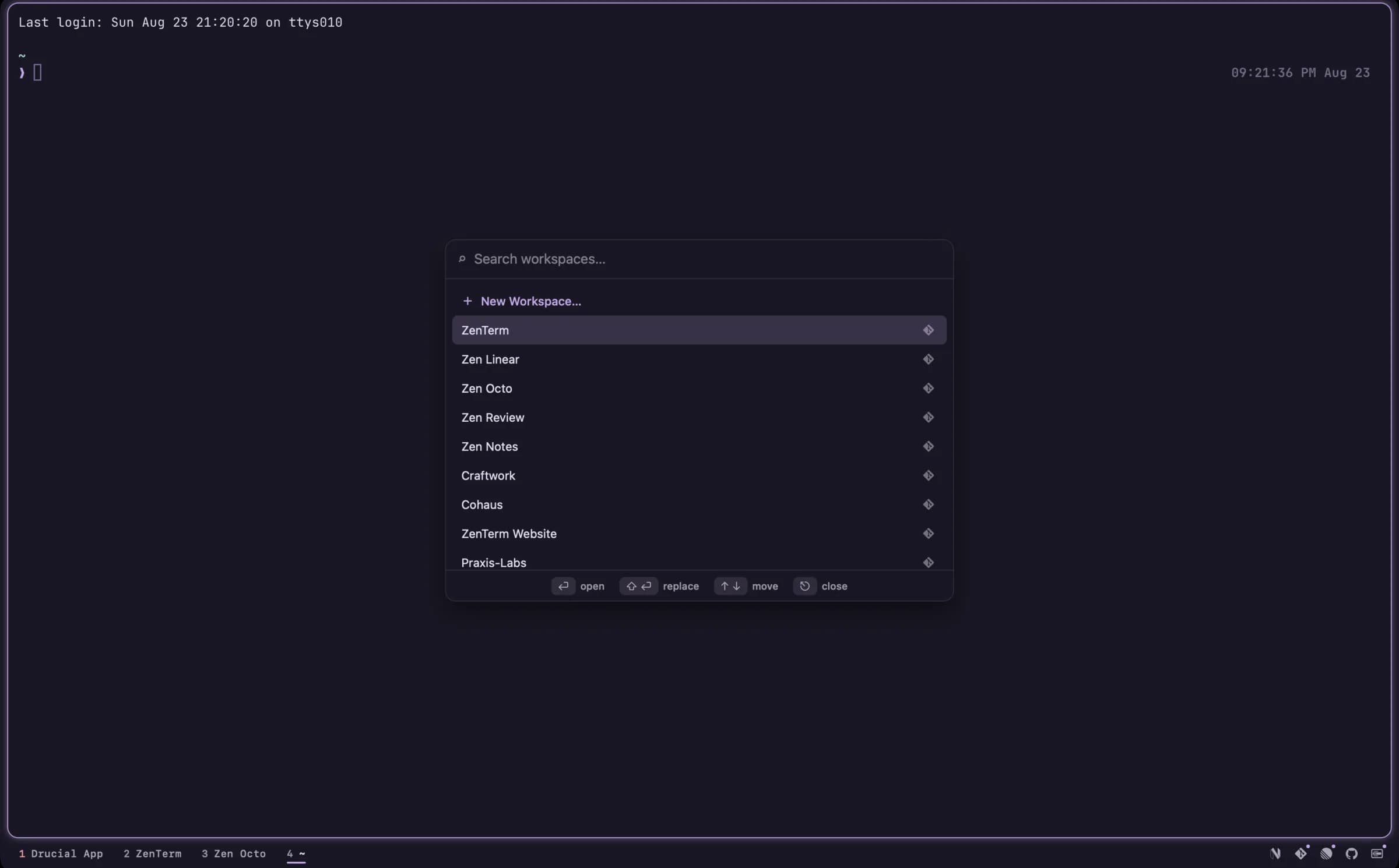 ZenTerm workspace picker listing saved project workspaces