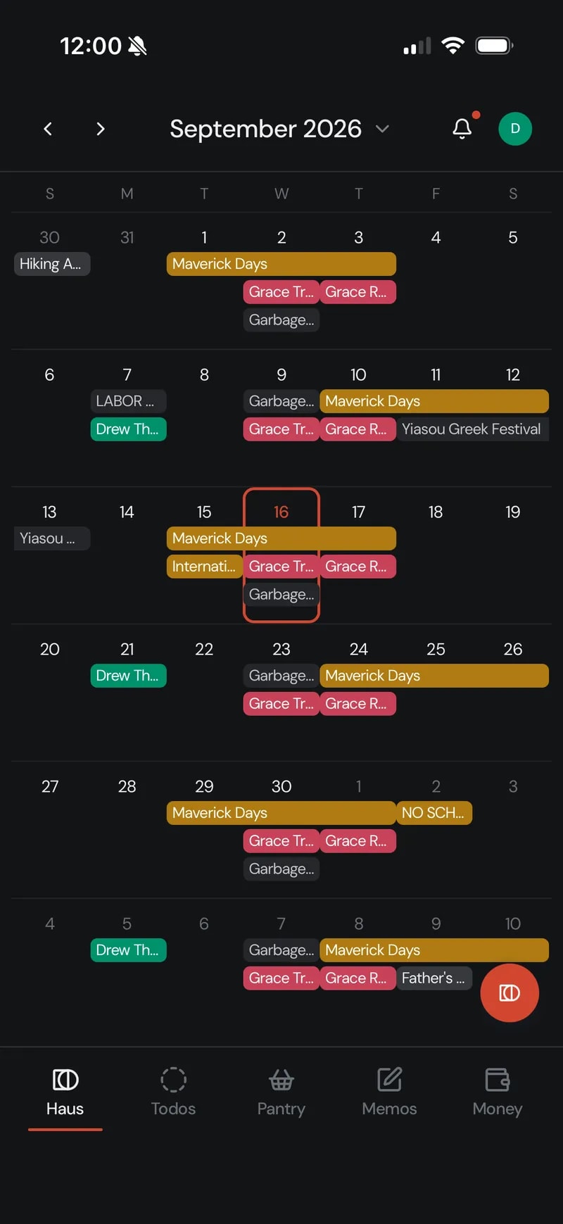 The shared calendar for the month