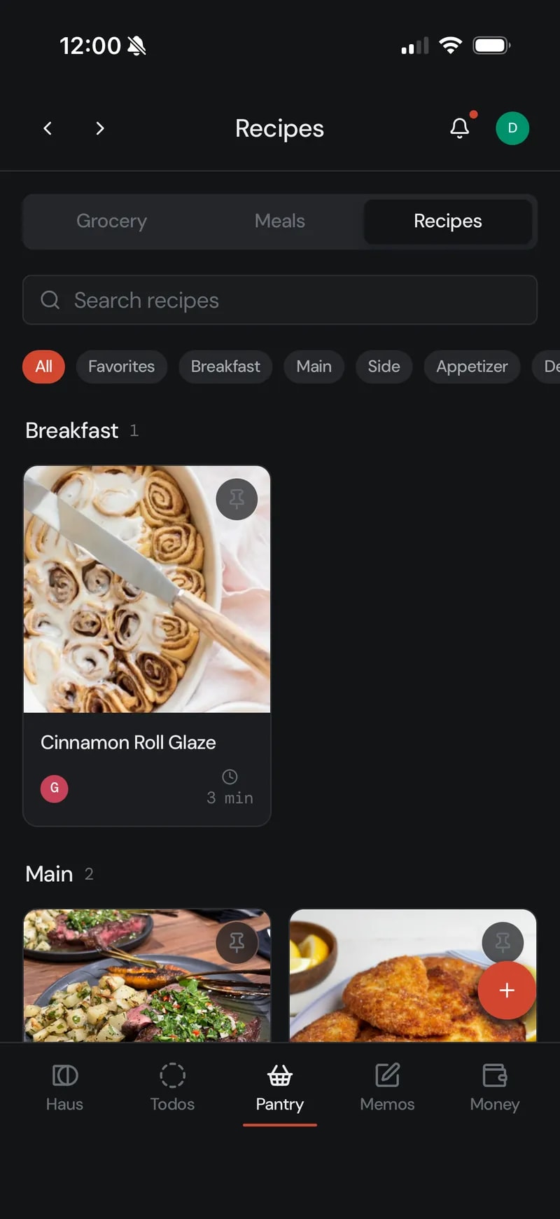 Recipes in the pantry, by meal