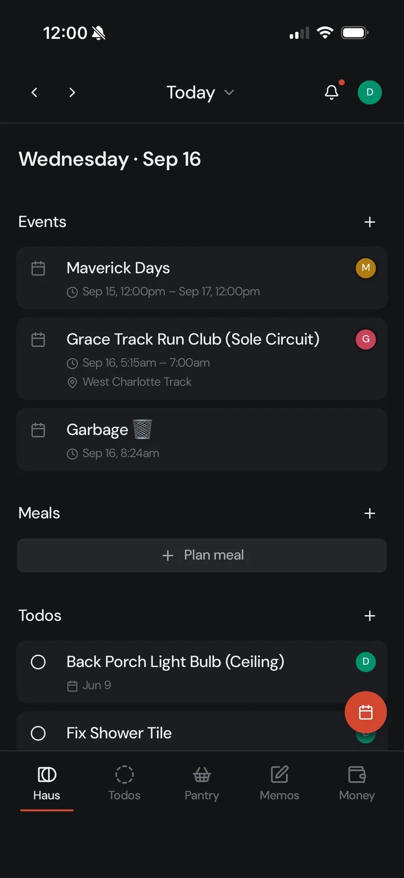 Today: the day’s events, meals and todos