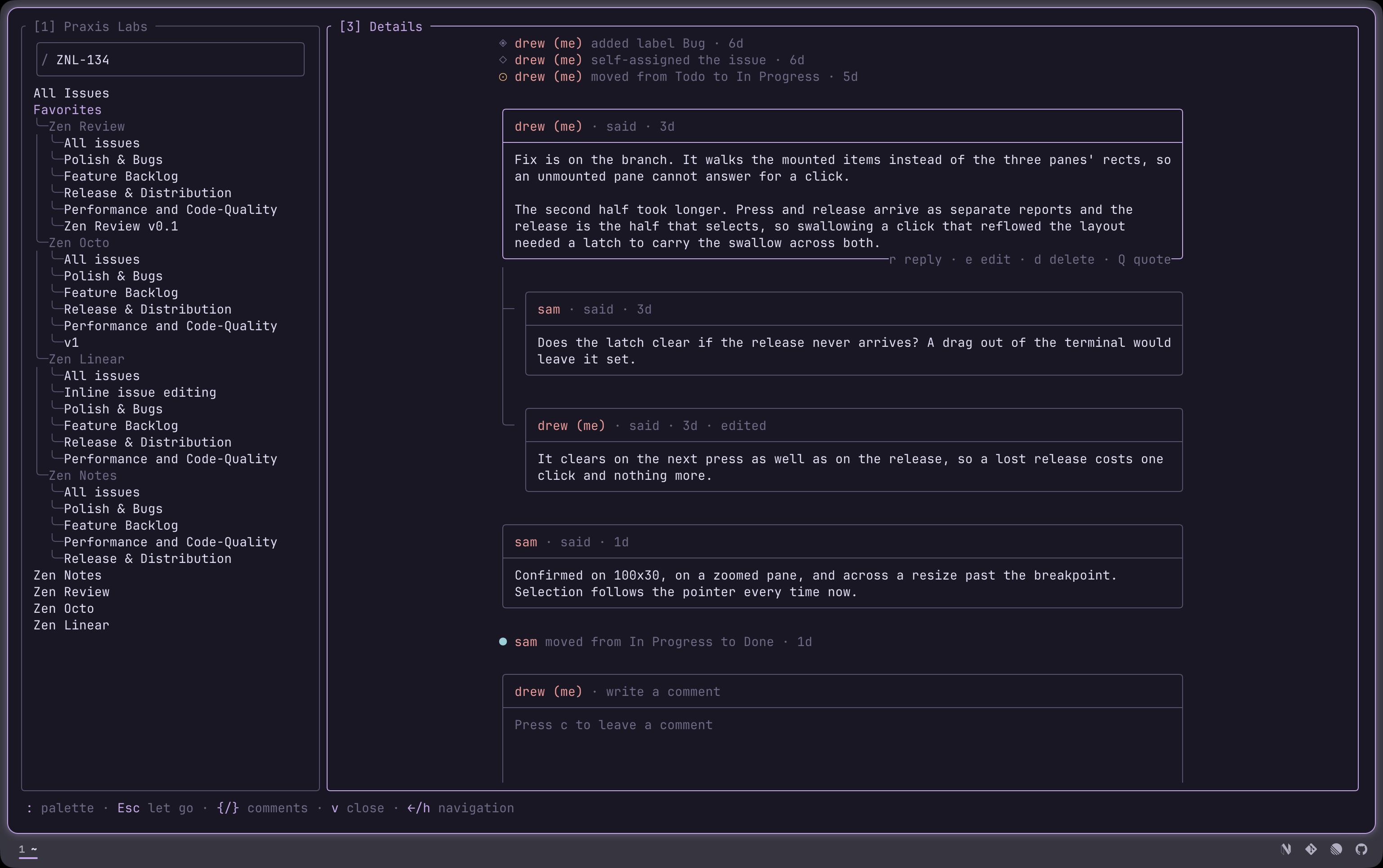 A picked comment card showing its reply, edit, delete and quote keys, with nested replies, activity lines merged in by time, and the compose box at the foot of the page