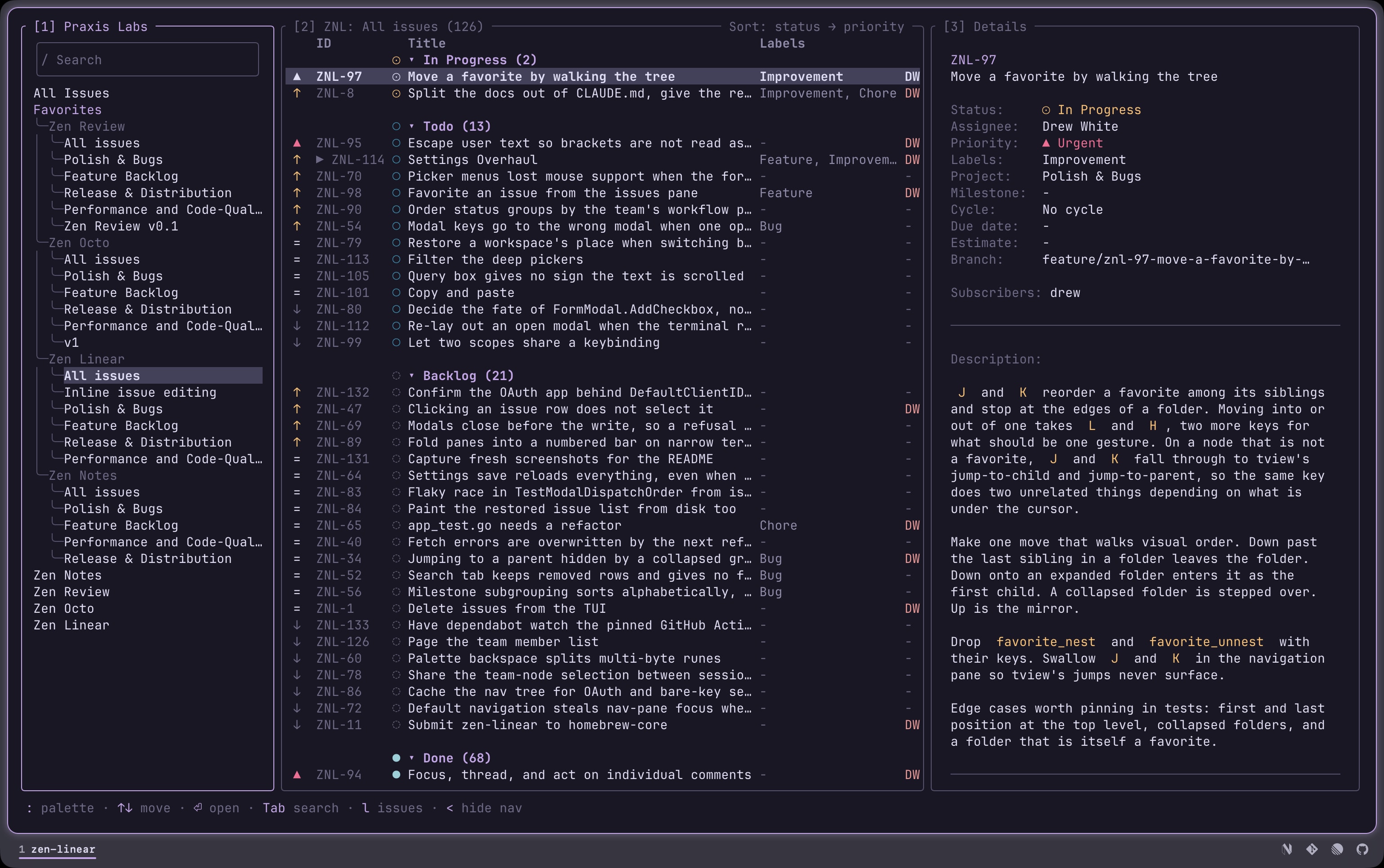 The three panes: the navigation tree, the issue list grouped by status, and the details page