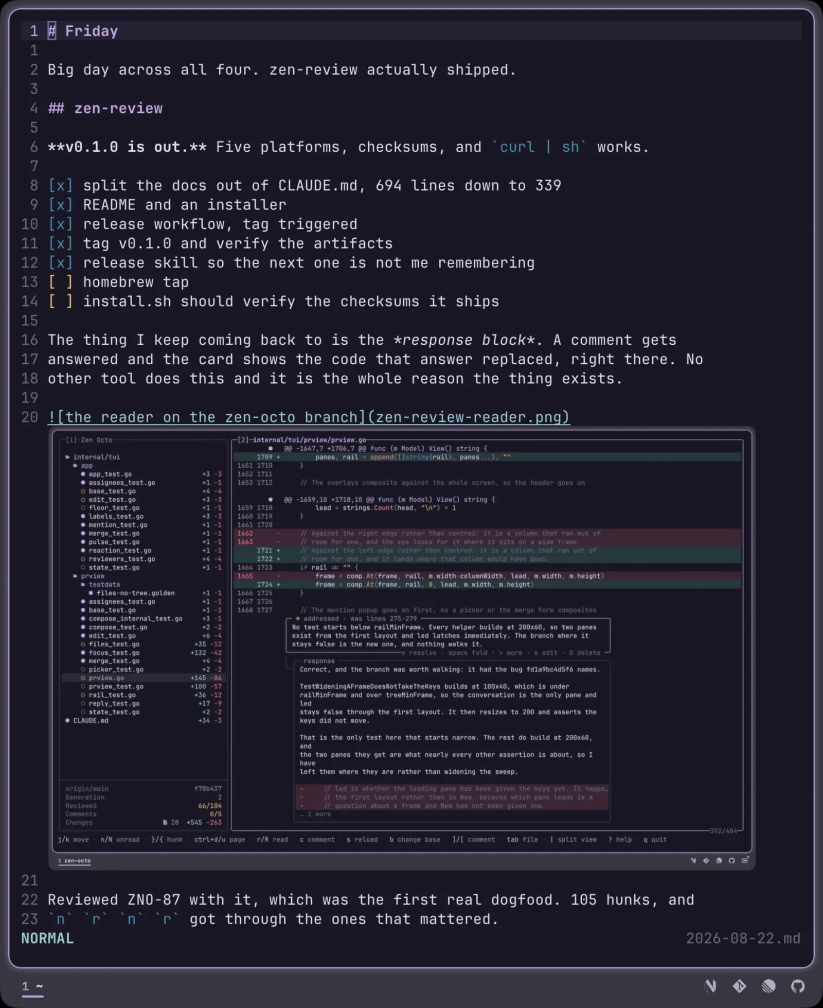 A day's note, with an image drawing inline under the line that references it
