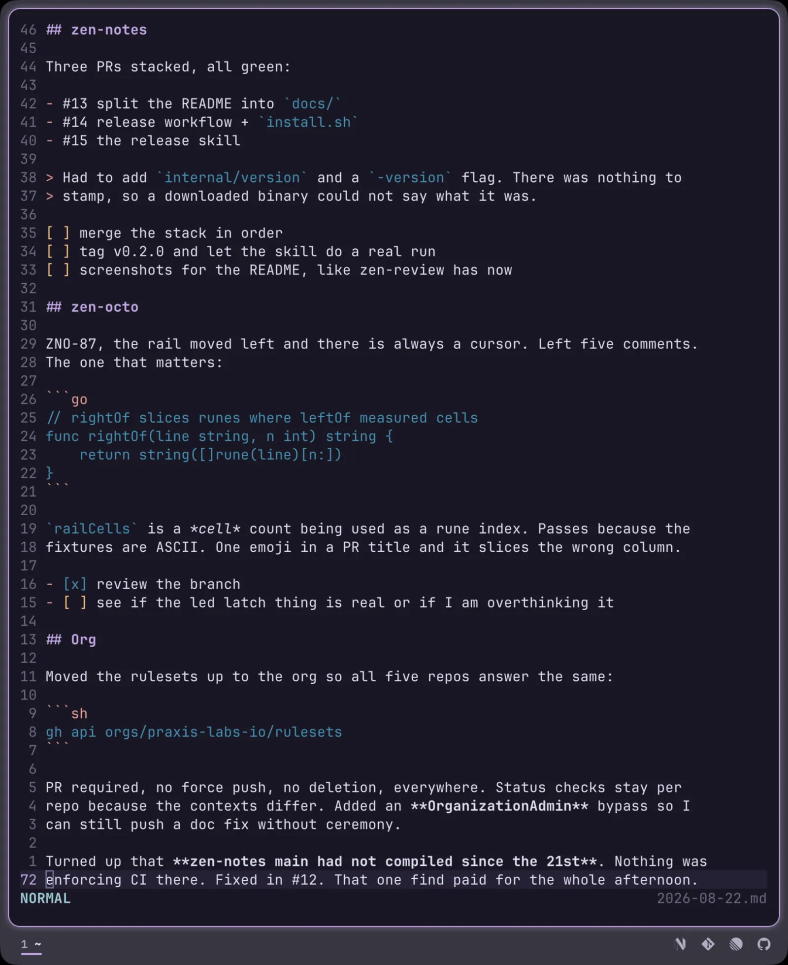 Fenced code, a blockquote and task lists, each coloured as you type