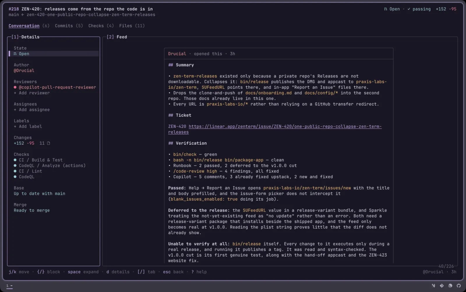 A pull request's conversation, with the details rail beside it
