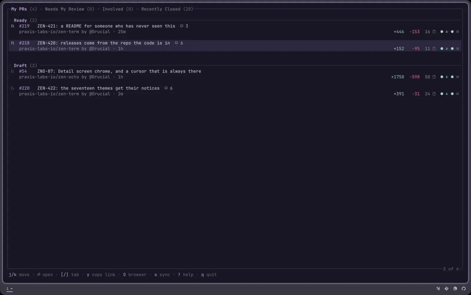 The pull request list, in sections you defined