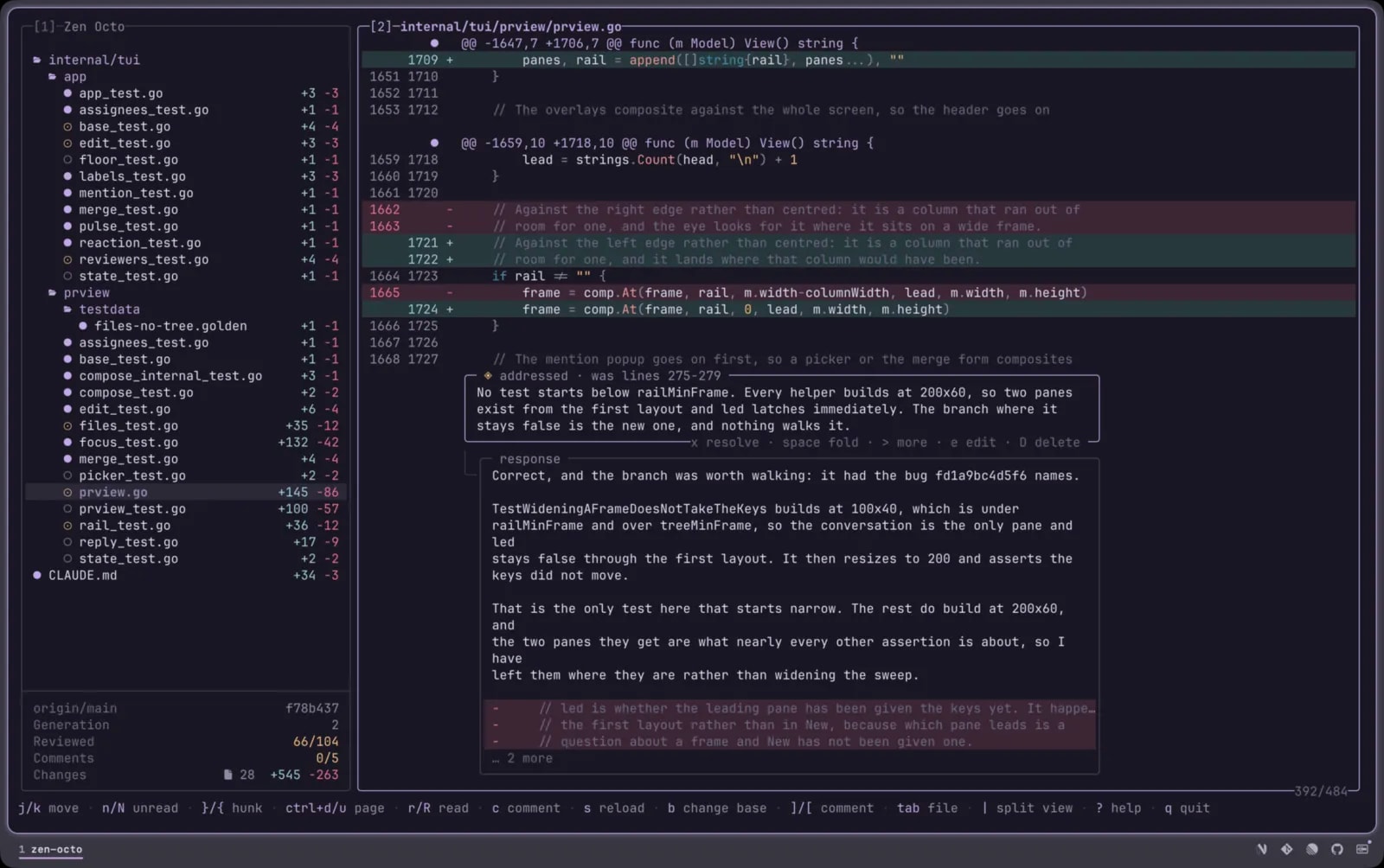 A review in progress: a comment, the agent's response, and the code it replaced