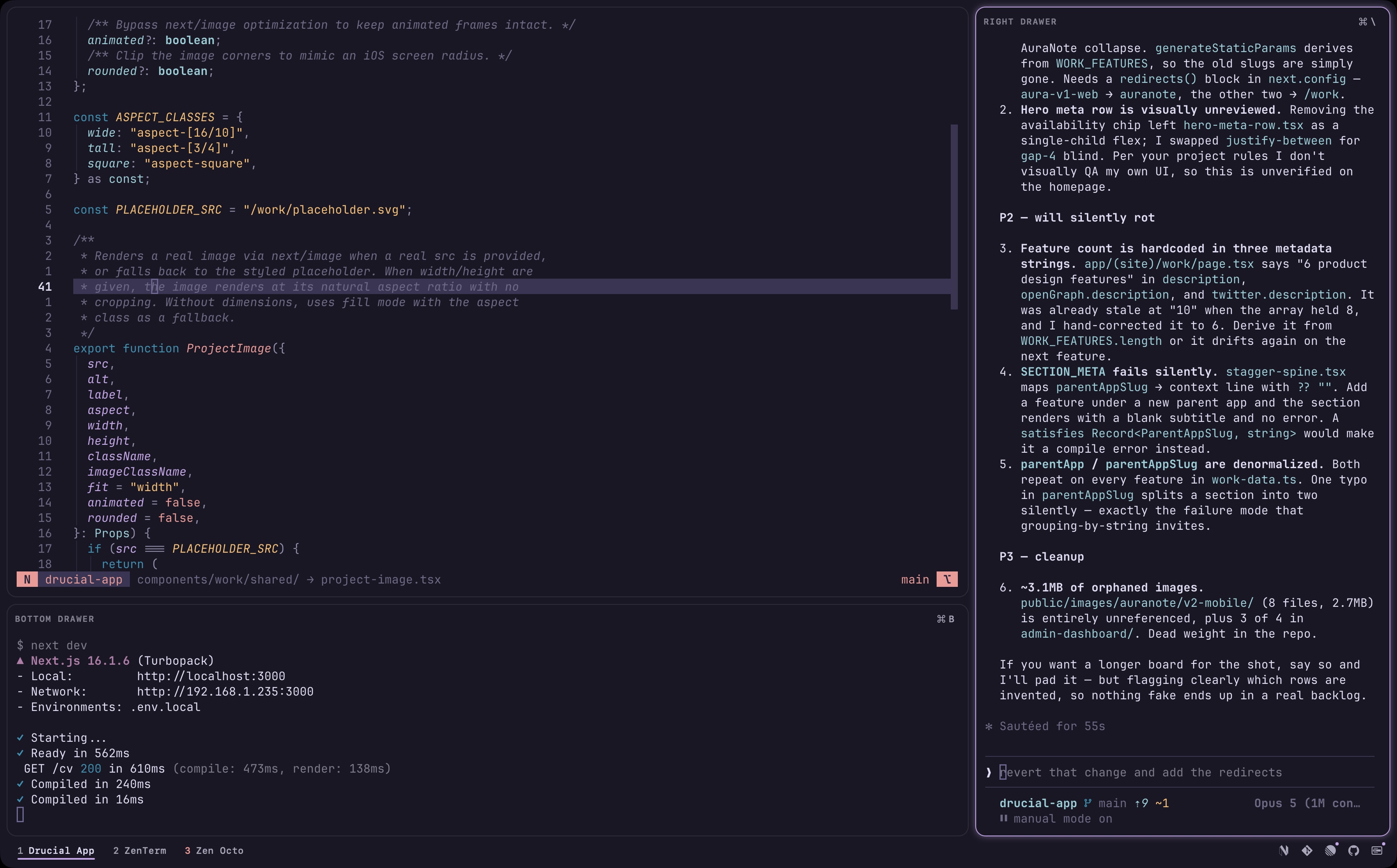 Neovim in the main pane, a dev server in the bottom drawer, and an agent in the right drawer, in one tab
