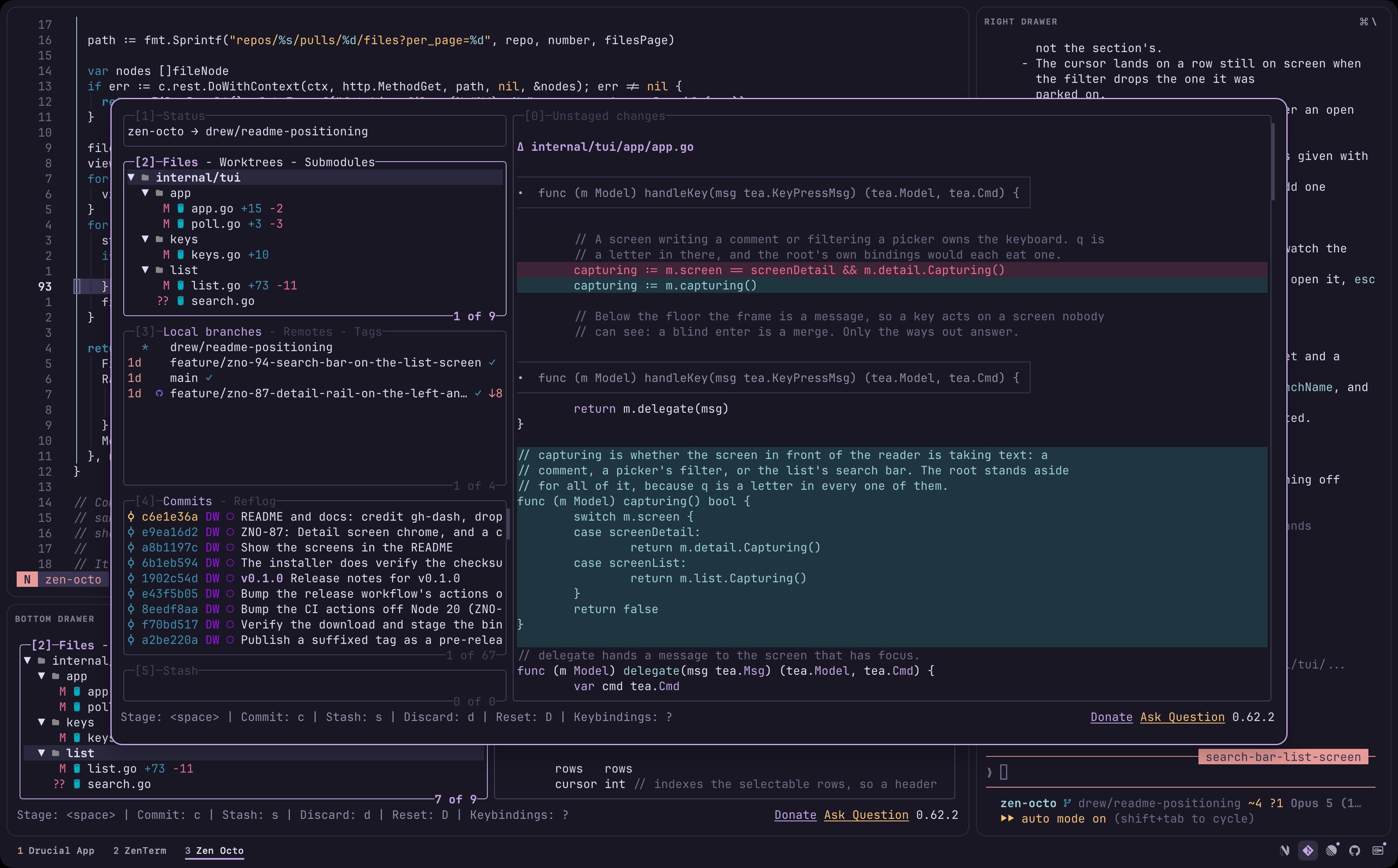 lazygit open as a tool float over the panes, with its own numbered panes, and the work still visible around it