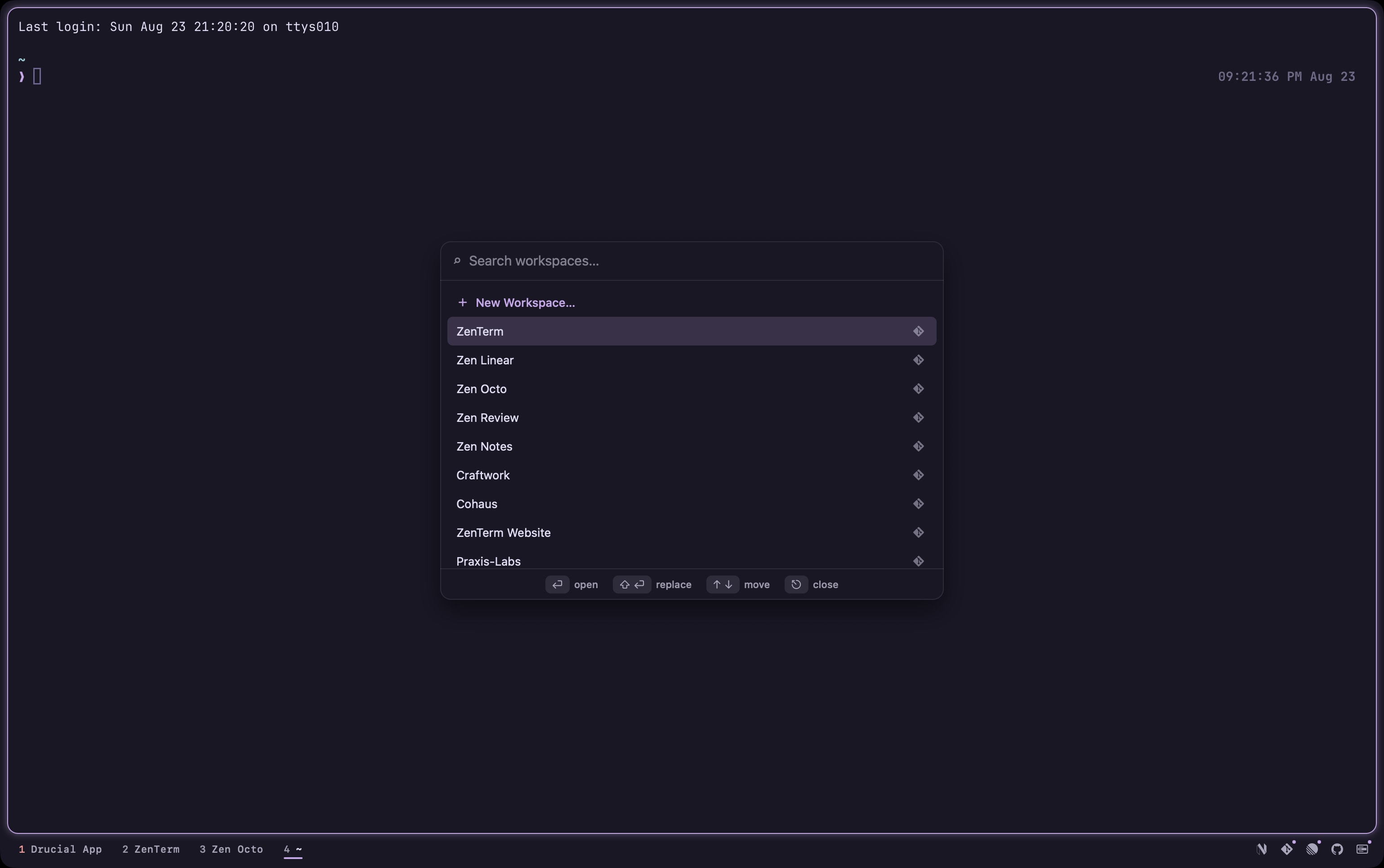 The workspace picker open, listing named workspaces with a search field above them